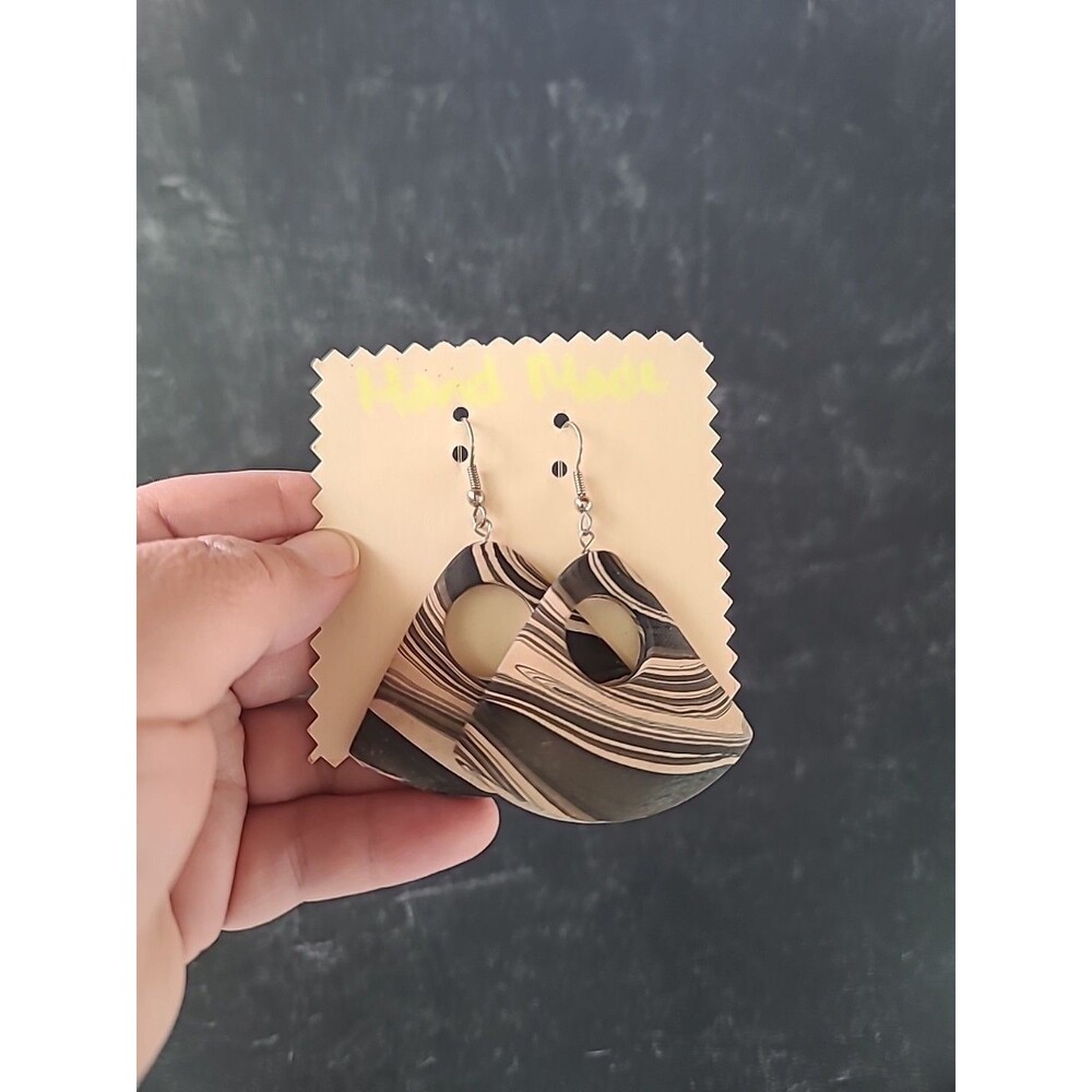 Bohemian Wooden Triangular Shaped Dangling Earrings Vintage NOS